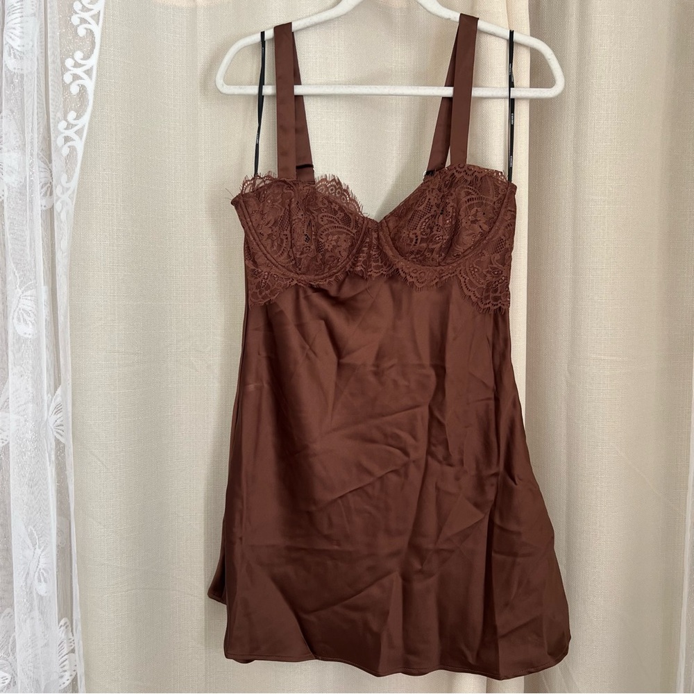Brown Satin Slip Dress w/ Lace Trim